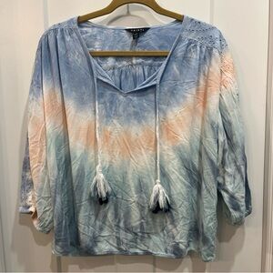 Tribal Women’s 3/4 Length Sleeve Shirt Tie V-Neck Tie Dye Size Petite Large